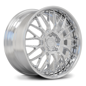 Custom forged deep dish 2-piece chrome wheel, designed for performance and style, showcasing intricate spoke design.